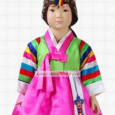 Traditional Korean Baby Girl Hanbok Clothing and Hat Complete Set
