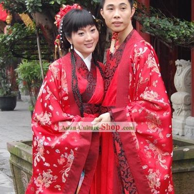 Genuine Chinese Wedding Hanfu Two Sets for Bride and Groom