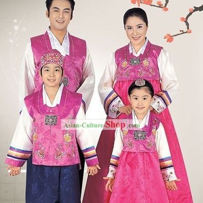 Traditional Korean Family Father Mother Son Daughter Wedding Hanboks 4 Sets