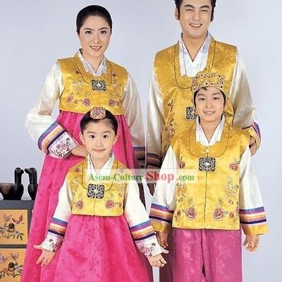 Traditional Korean Family Father Mother Son Daughter Wedding Hanboks 4 Sets