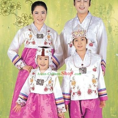 Traditional Korean Family Father Mother Son Daughter Wedding Hanboks 4 Sets