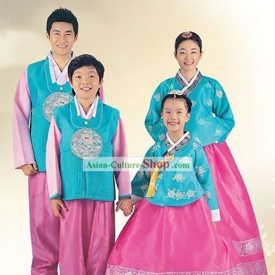 Traditional Korean Family Father Mother Son Daughter Wedding Hanboks 4 Sets