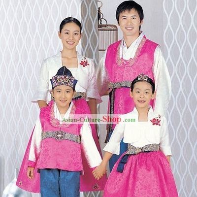 Traditional Korean Family Father Mother Son Daughter Wedding Hanboks 4 Sets