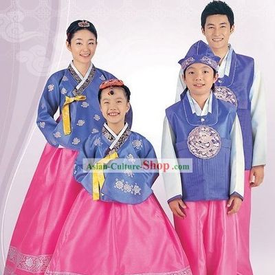 Traditional Korean Family Father Mother Son Daughter Wedding Hanboks 4 Sets