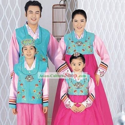 Traditional Korean Family Father Mother Son Daughter Wedding Hanboks 4 Sets