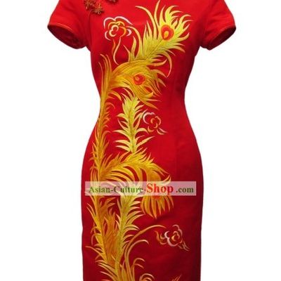 Chinese Classic Embroidered Golden Phoenix Wedding Qipao