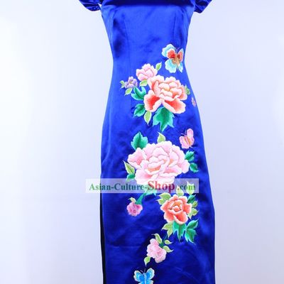 Chinese Blue Peony Silk Cheongsam Qipao