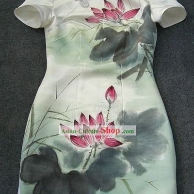 Chinese Hand Painted Silk Lotus Short Qipao
