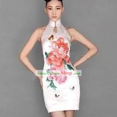 Chinese Modern Short Embroidered Peony Cheongsam