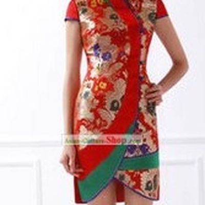 Ancient Chinese Silk Golden Flower Short Cheongsam
