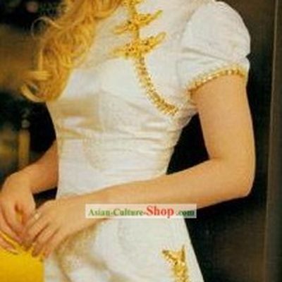 Chinese Silk White Long Cheongsam