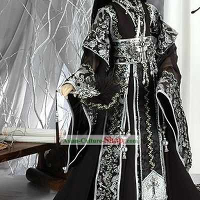 Ancient Chinese Emperor Black Dragon Costume and Crown Complete Set