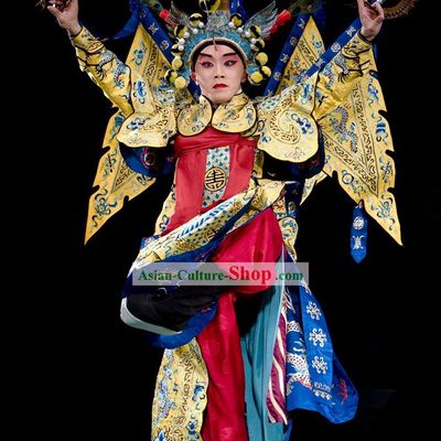 Beijing Opera Wu Sheng Fighting or Military Character Costumes and Hat with Long Feather