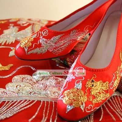 Traditional Chinese Phoenix Wedding Shoes for Brides