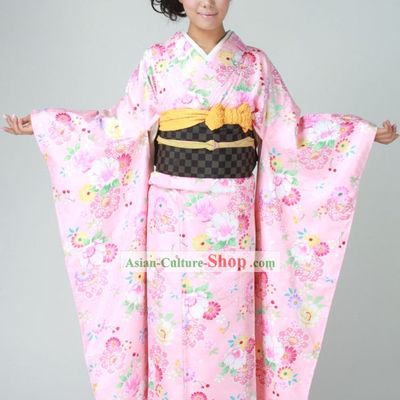 Traditional Japanese Pink Furisode Kimono Dress Obi and Geta Sandal Complete Set for Women