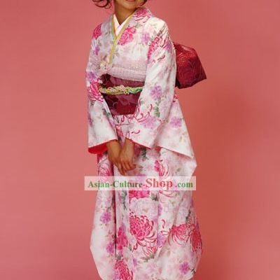Japanese Classic Pink Furisode Kimono Dress Obi and Geta Sandal Complete Set for Women