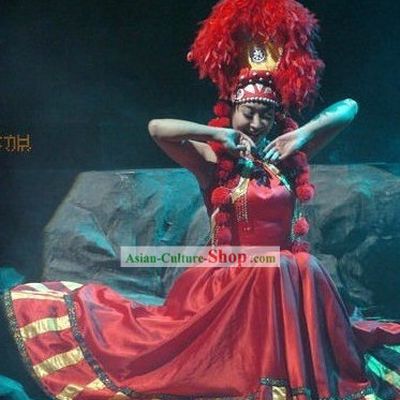 Traditional Chinese Stage Performance Ethnic Dance Costumes and Hat