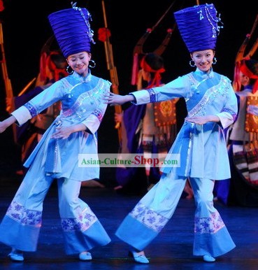 Traditional Chinese Ethnic Stage Performance Dance Costumes and Hat