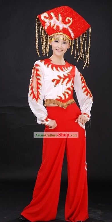 Traditional Chinese Ethnic Dance Costumes and Hat