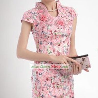 Chinese Classic Pink Flower Short Qipao
