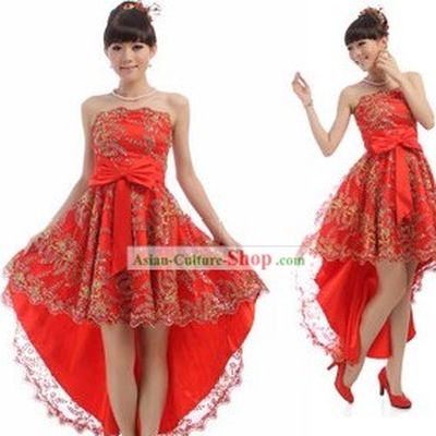 Chinese Classical Red Golden Flower Evening Dress