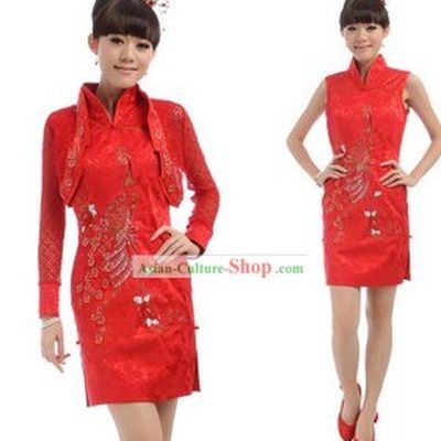 Chinese Classical Red Golden Flower Cheongsam Set
