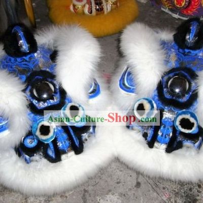 Classical White Long Wool and Blue Base Lion Dance Costume Complete Set
