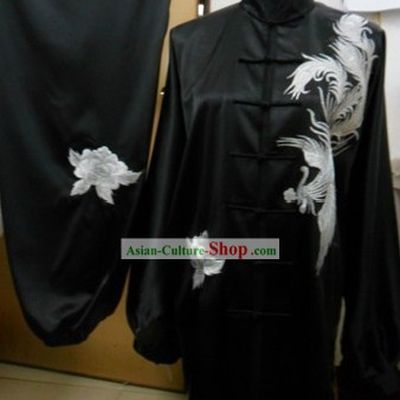Chinese Embroidered Phoenix Black Silk Kung Fu Dress