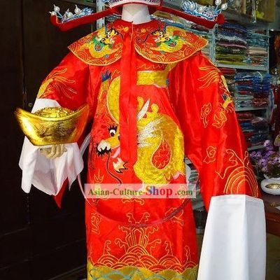 Traditional Chinese Cai Shen Costumes Complete Set with Beard and Gold