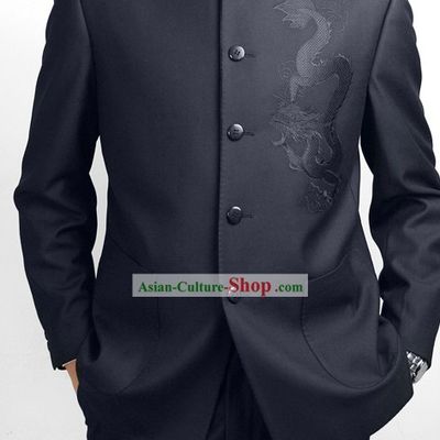 Formal Chinese Deep Blue Dragon Wedding Suit