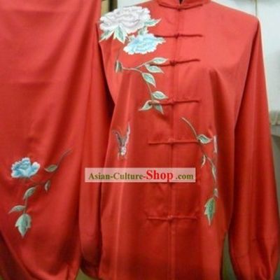 Traditional Chinese Red Flower Silk Wushu Clothing