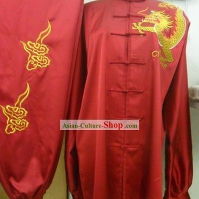 Traditional Chinese Red Dragon Silk Wushu Clothing for Men
