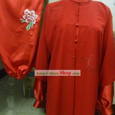 Chinese Red Silk Embroidered Flower Wushu Clothing and Veil Set