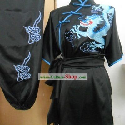 Chinese Classical Embroidered Dragon Silk Martial Arts Stage Performance Costumes