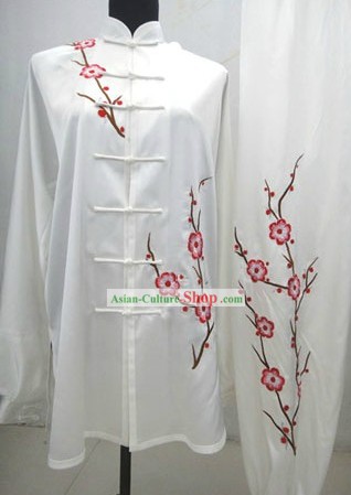 Chinese Plum Blossom White Tai Chi Silk Clothes