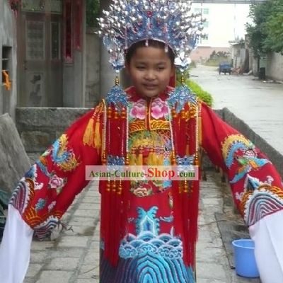 Chinese Peking Opera Embroidered Phoenix Robe and Coronet for Kids