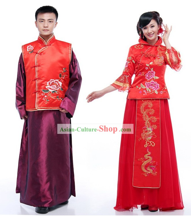 Chinese Classical Mandarin Wedding Dress 2 Sets for Men and Women