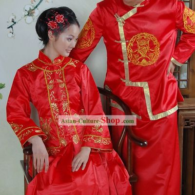 Traditional Chinese Red Wedding Clothes 2 Sets for Men and Women