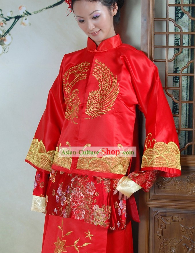 Traditional Chinese Red Phoenix Wedding Dress for Brides