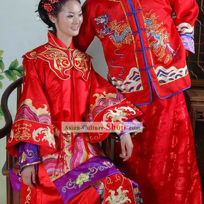 Stunning Chinese Red Dragon and Phoenix Wedding Dresses 2 Sets for Brides and Bridegrooms