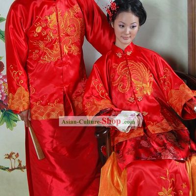 Traditional Chinese Red Dragon and Phoenix Wedding Dresses 2 Sets for Brides and Bridegrooms