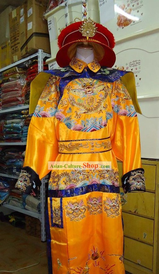Qing Dynasty Emperor Dragon Costumes and Hat Complete Set