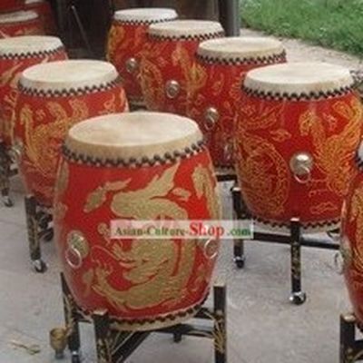 Traditional Chinese Red Dragon and Phoenix Wooden Drum
