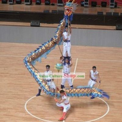 Shinning Blue and Golden Dragon Dance Costumes Complete Set for Five People