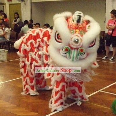 Red Base White Wool Top Lion Dance Head and Costume Complete Set
