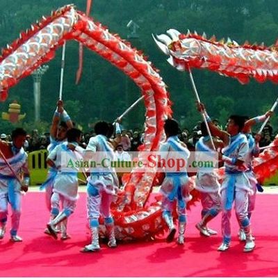 Supreme Red and Silver Net Dragon Dance Head and Costumes Complete Set