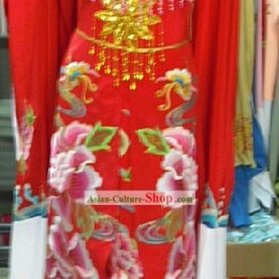 Chinese Classic Embroidered Peony Wedding Dress for Women