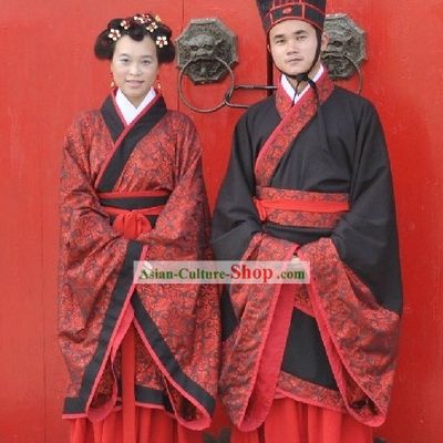 Traditional Chinese Wedding Ceremony Hanfu Dress 2 Sets for Men and Women