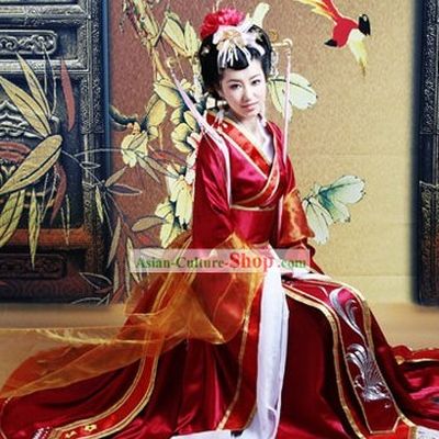 Ancient Chinese Princess Red Wedding Garment and Headgear Complete Set