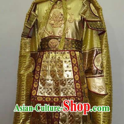 Ancient Chinese Golden General Armor Costume and Helmet for Men